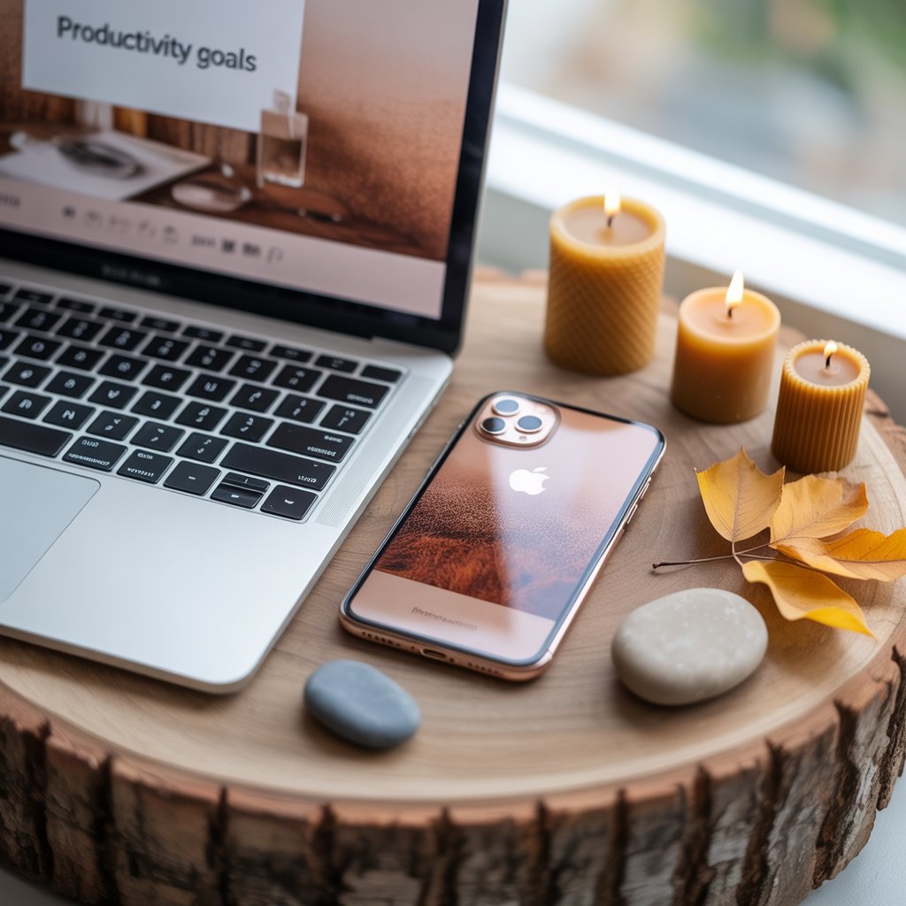 Cozy Brown Aesthetic Wallpaper Backgrounds to Refresh Your Screen 3 Flat lay of laptop and iPhone with brown-themed aesthetic wallpapers, styled with candles and dried leaves.