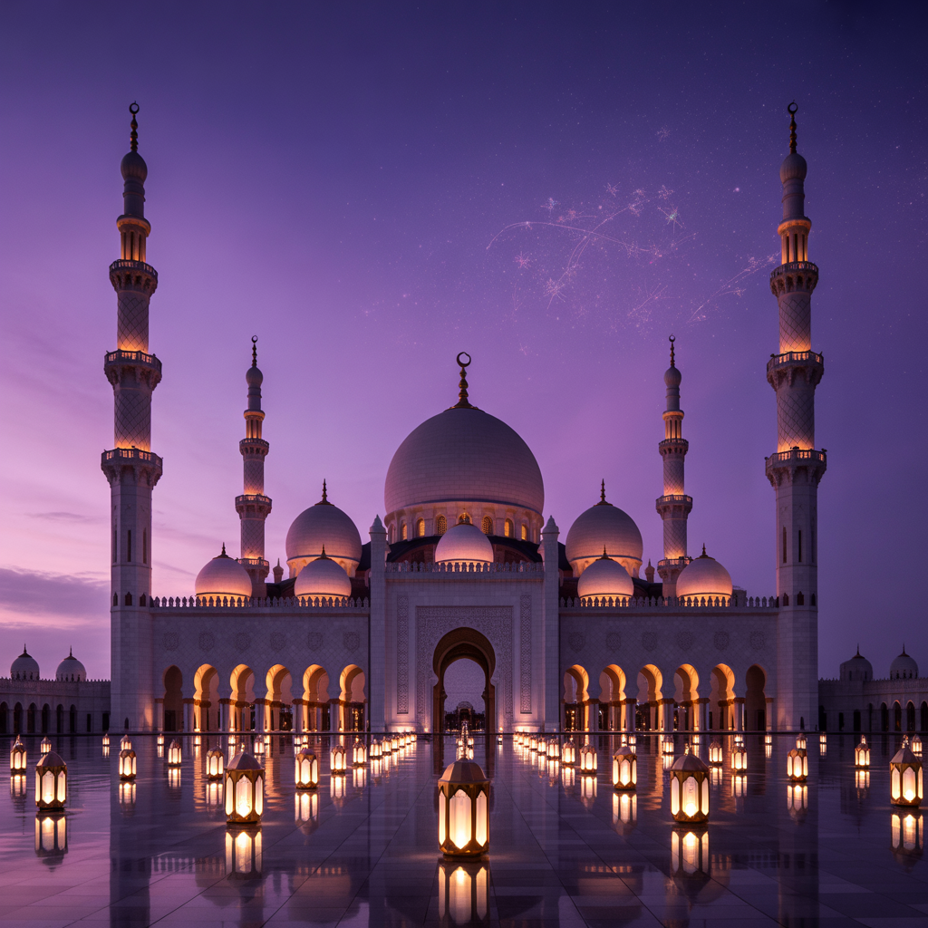 Top Islamic Aesthetic Wallpaper Backgrounds for iPhone Users 6 “A stunning mosque silhouette with glowing lanterns against a purple twilight sky designed as an iPhone wallpaper.”