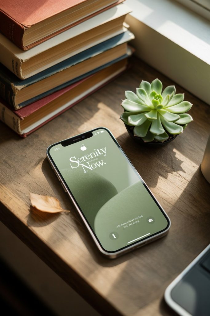 Nature Inspired Green Aesthetic Wallpaper for iPhone & Android 5 iPhone on wooden desk with moss green aesthetic wallpaper, surrounded by plants and books.