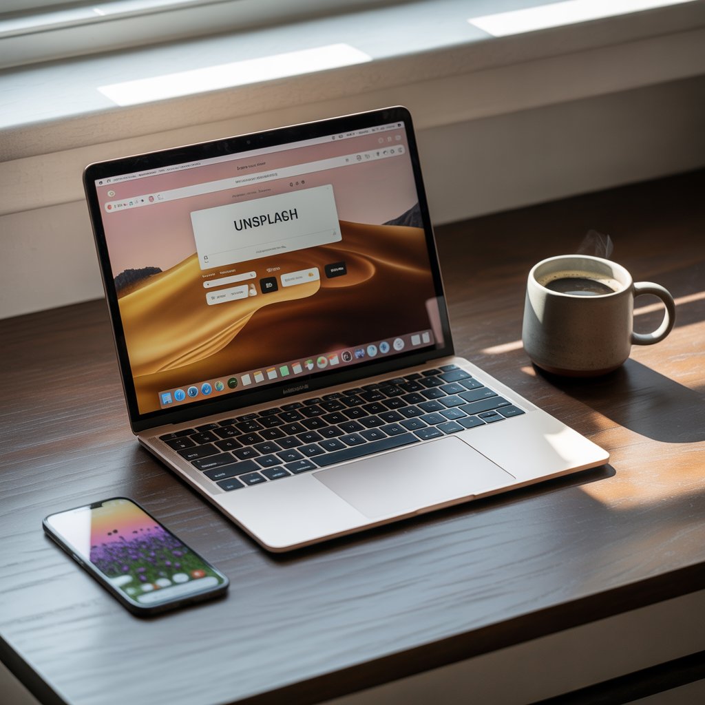 Cozy Brown Aesthetic Wallpaper Backgrounds to Refresh Your Screen 11 Laptop screen on Unsplash showing brown aesthetic wallpapers, with smartphone beside it displaying a downloaded wallpaper.**
