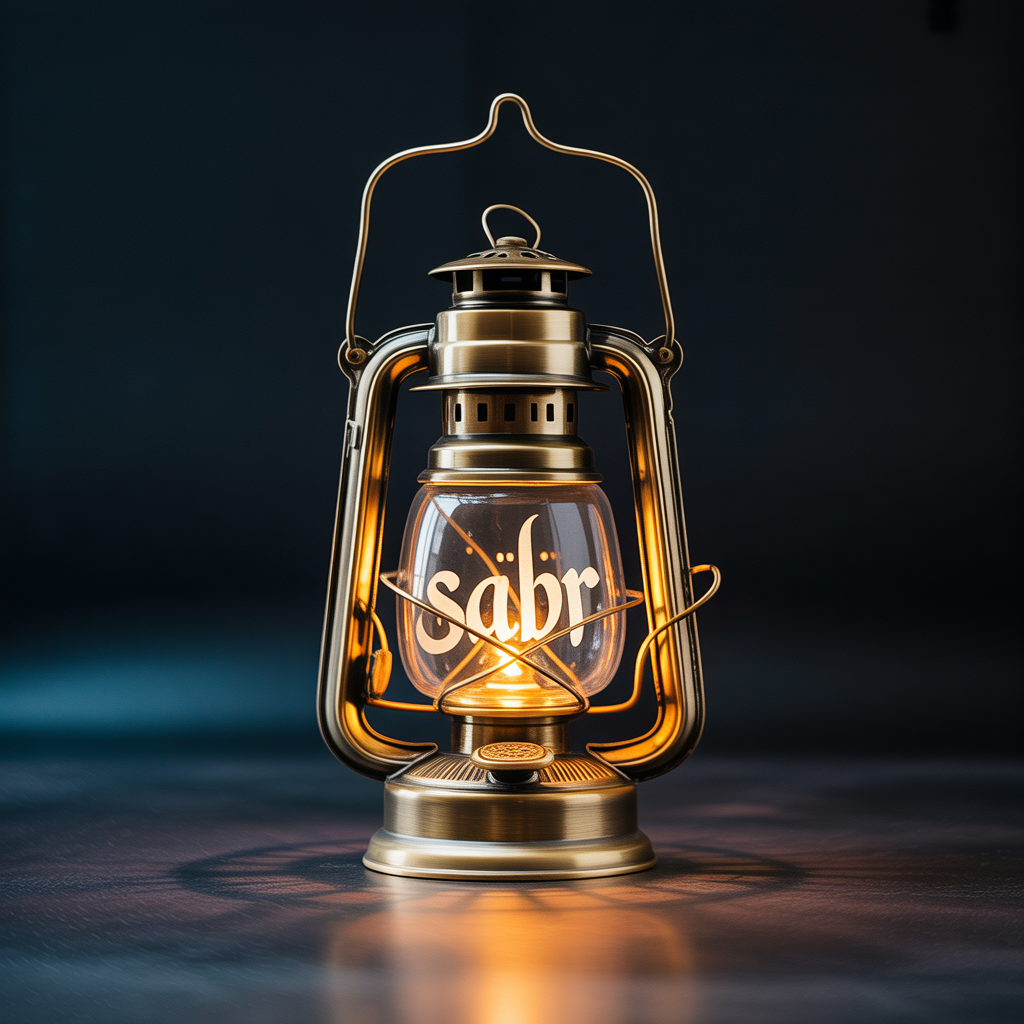 Top Islamic Aesthetic Wallpaper Backgrounds for iPhone Users 9 Minimalist wallpaper with a single glowing lantern and Arabic calligraphy word ‘Sabr’ (patience) on black background.”