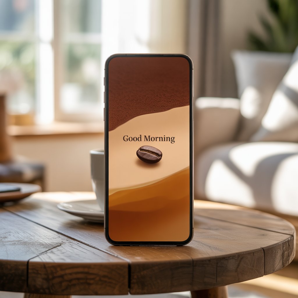 Cozy Brown Aesthetic Wallpaper Backgrounds to Refresh Your Screen 2 iPhone lock screen on coffee table with warm brown aesthetic wallpaper, soft gradients, and minimal design.