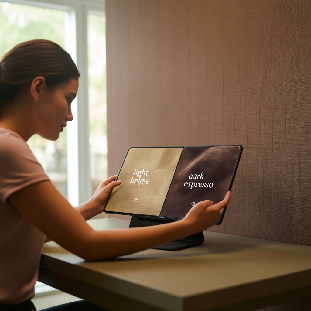 Cozy Brown Aesthetic Wallpaper Backgrounds to Refresh Your Screen 12 Person scrolling on phone through brown wallpaper options, comparing light beige and dark espresso designs.