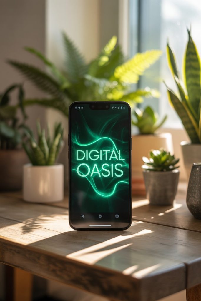 Nature Inspired Green Aesthetic Wallpaper for iPhone & Android 6 Android phone with glowing emerald green wallpaper in a cozy room with sunlight and indoor plants.