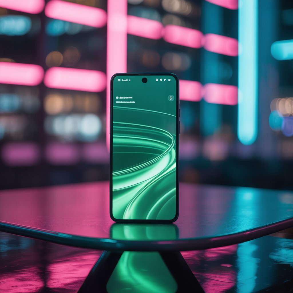 Nature Inspired Green Aesthetic Wallpaper for iPhone & Android 11 Android phone displaying Aesthetic Green Wallpapers with abstract glowing gradient and futuristic neon background.