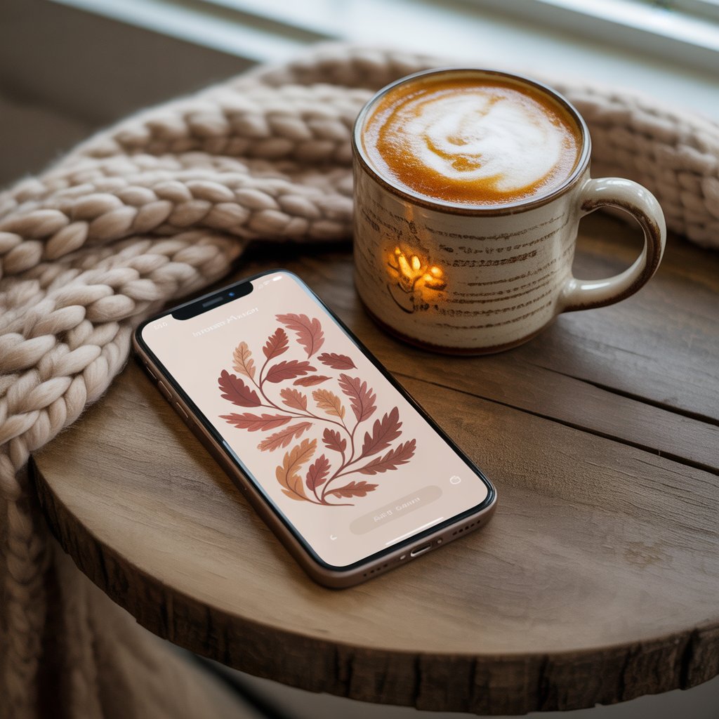 Cozy Brown Aesthetic Wallpaper Backgrounds to Refresh Your Screen 10 iPhone with brown autumn wallpaper of falling leaves, placed beside a pumpkin spice latte and knit scarf.