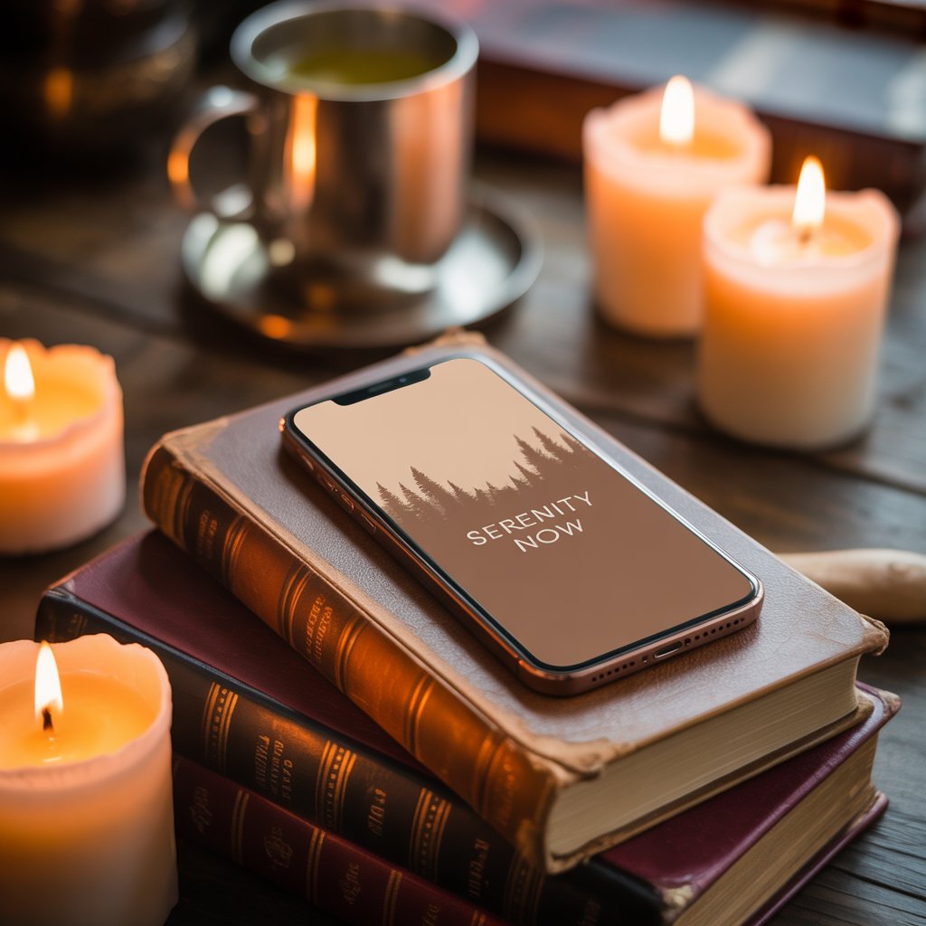 Cozy Brown Aesthetic Wallpaper Backgrounds to Refresh Your Screen 13 Close-up of iPhone glowing with soft brown aesthetic wallpaper in cozy evening setting with candles and books.