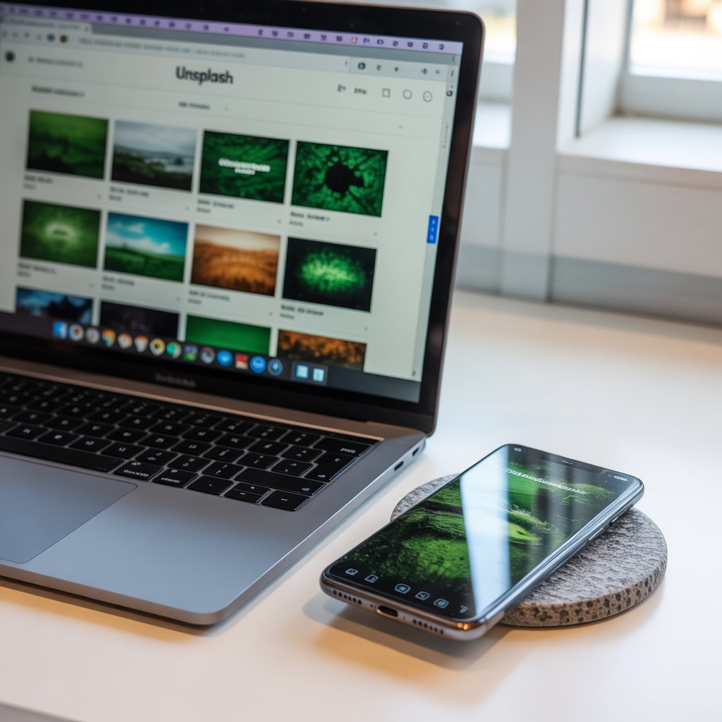 Nature Inspired Green Aesthetic Wallpaper for iPhone & Android 13 Laptop screen on Unsplash showing Aesthetic Green Wallpapers collection, with smartphone displaying a downloaded design nearby.