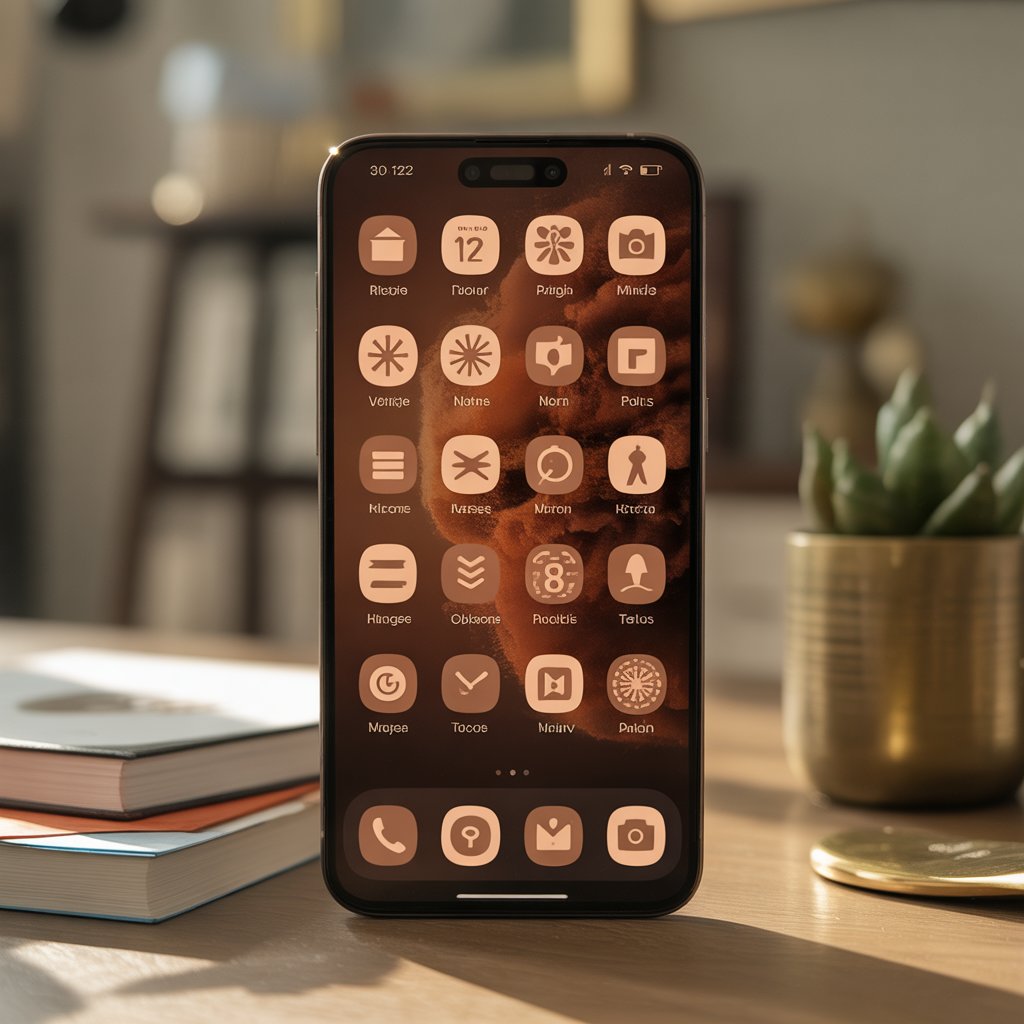 Cozy Brown Aesthetic Wallpaper Backgrounds to Refresh Your Screen 9 Smartphone home screen with brown aesthetic wallpaper, beige app icons, and gold-accented widgets.