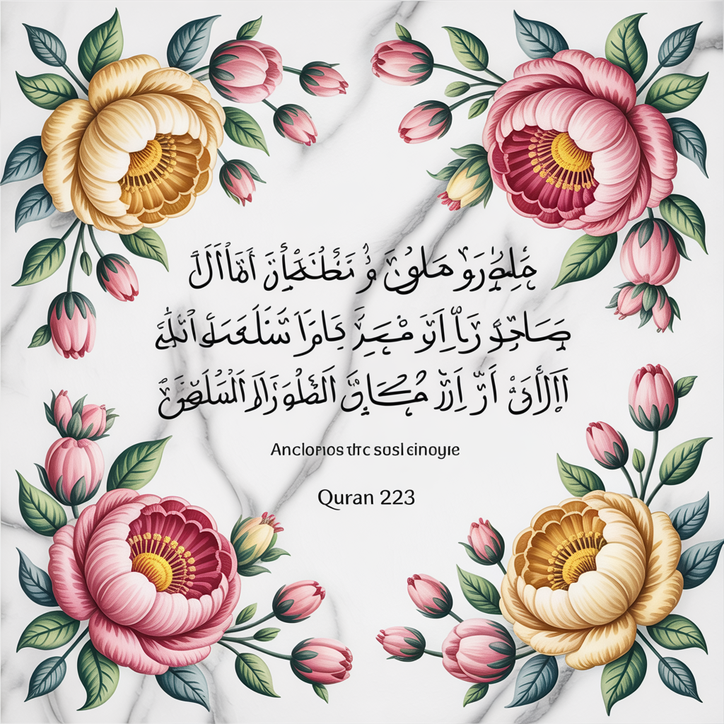 Top Islamic Aesthetic Wallpaper Backgrounds for iPhone Users 8 “Aesthetic floral Islamic wallpaper with pastel flowers surrounding a Quran verse on white marble background.”