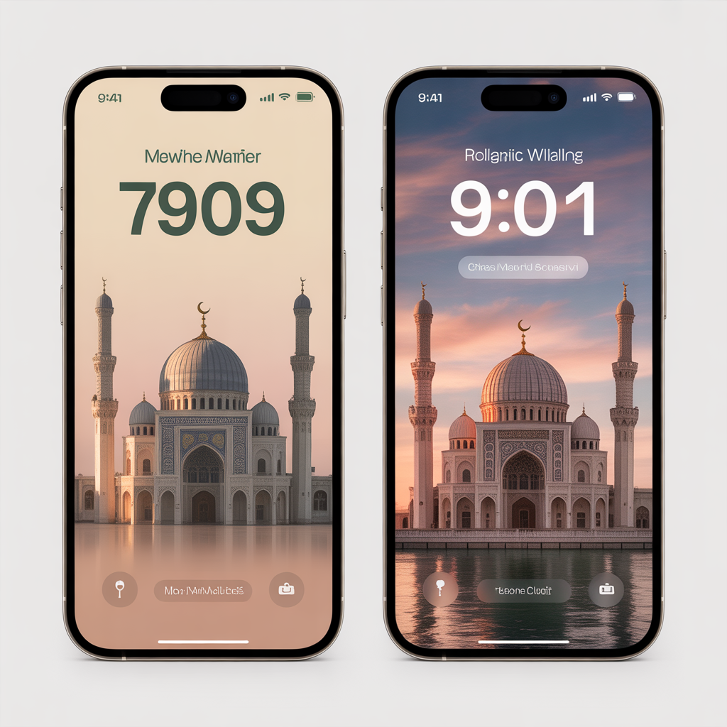 Top Islamic Aesthetic Wallpaper Backgrounds for iPhone Users 13 “Side-by-side iPhone lock screen and home screen showing matching Islamic wallpapers with soft tones.”