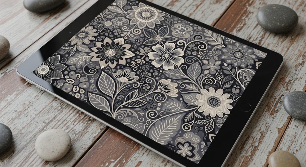 Top Aesthetic iPad Wallpapers for a Minimal & Stylish Look 2 Image Prompt: Illustrate an eye-catching iPad display with boho floral patterns in earthy greys, in high-contrast neutrals for an immersive, grounded vibe.