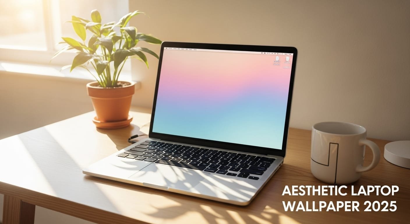Generate a 4K image of a cozy, minimalist desk setup featuring a laptop showing a pastel gradient wallpaper (soft pink, peach, and blue hues). Include warm sunlight, a coffee mug, and a green plant. The mood should be peaceful, creative, and modern — ideal as a blog featured image for “Aesthetic Laptop Wallpaper 2025.”