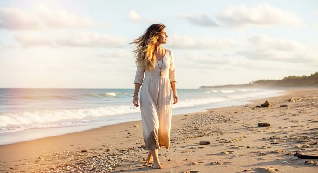 : Whimsical shot of a woman with honey blonde balayage walking on a sandy beach, hair tousled by the wind, with soft sunlight creating highlights, in a serene, nature-inspired scene that's beautiful and relaxing.