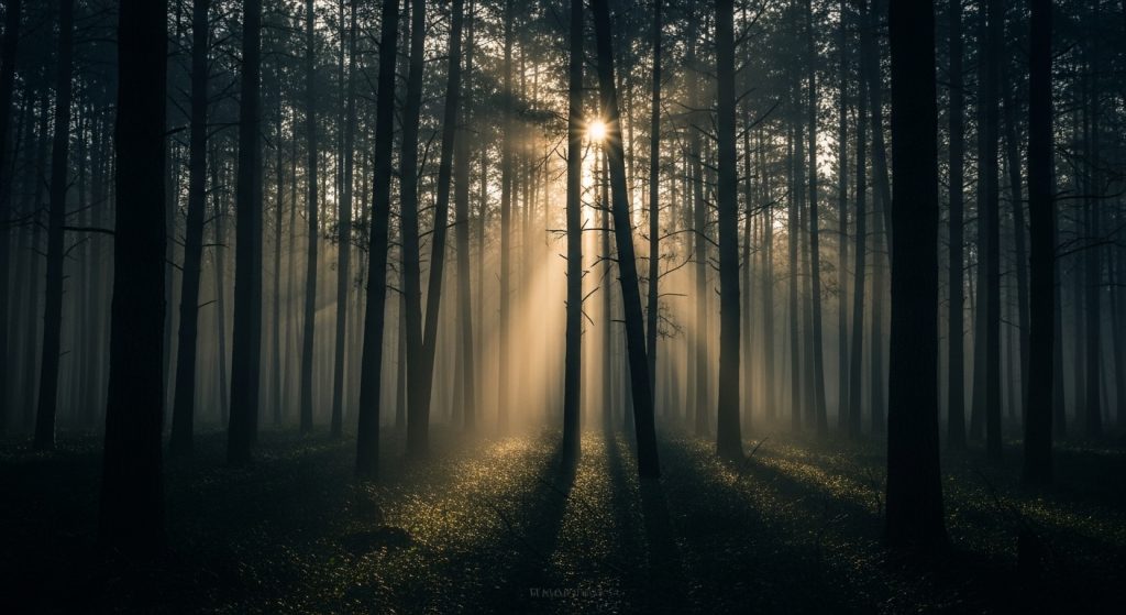 Transform Your Screen with Dark Aesthetic Wallpaper Vibes 5 Image Prompt: A mysterious dark forest wallpaper with glowing mist and faint moonlight breaking through.