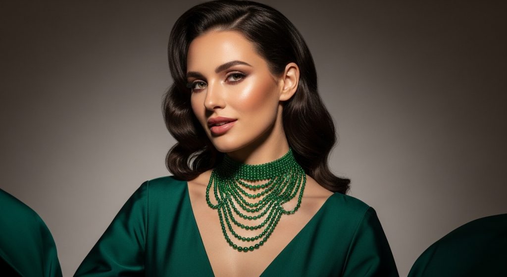 Emerald Jewelry Designs 2025 4 Elegant model wearing a multi-strand emerald choker necklace, with soft waves of green gems cascading down her neck, paired with subtle makeup and a flowing gown, in a sophisticated studio portrait that's captivating and regal.