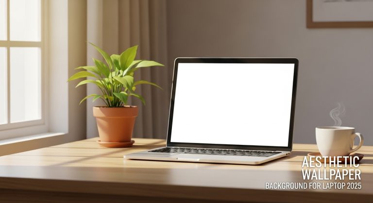 A minimalist workspace with a laptop showing a plain white screen. Include warm natural light, a small plant, coffee mug, and light wooden desk. The setting should feel peaceful, modern, and creative — ideal for a featured blog image on “Aesthetic Wallpaper Background for Laptop 2025.”