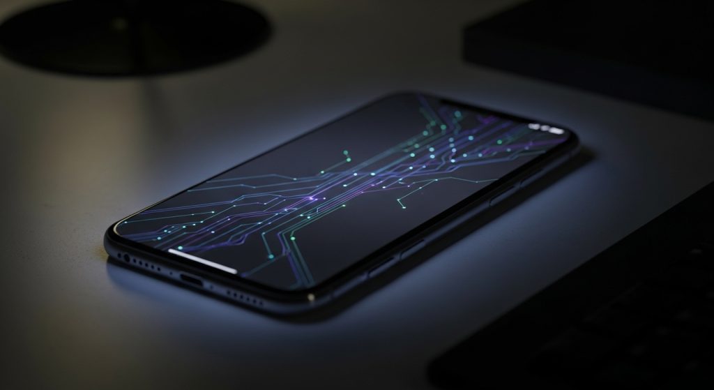 Transform Your Screen with Dark Aesthetic Wallpaper Vibes 1 Image Prompt: A moody phone screen with a sleek dark abstract wallpaper glowing under dim light, minimalist setup.