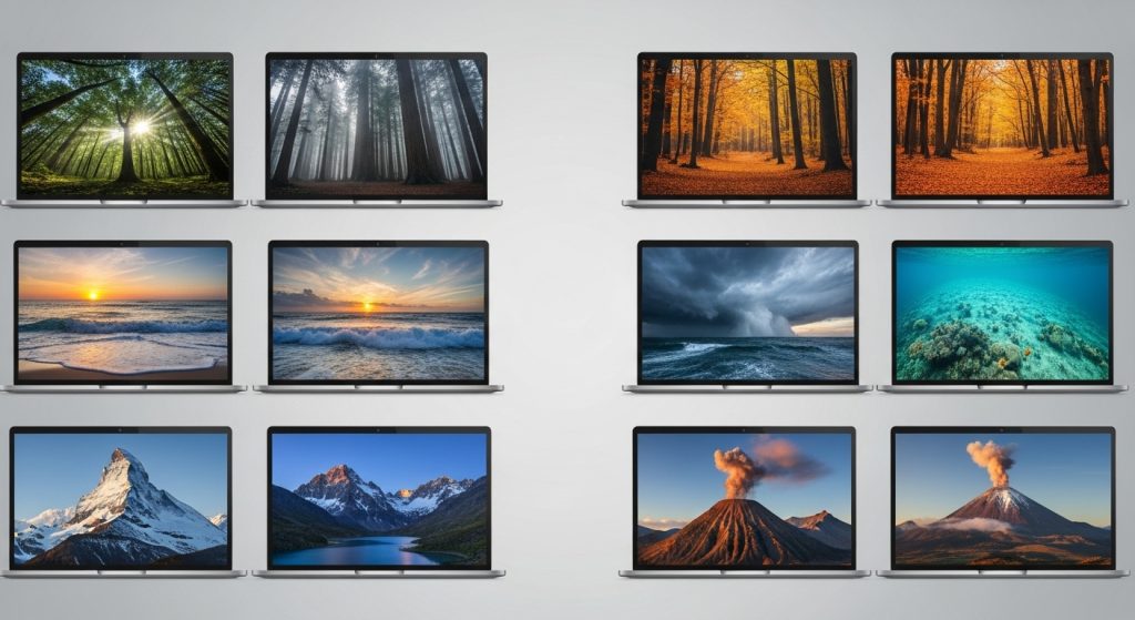 Image Suggestion:
Laptop gallery grid displaying different wallpapers — forests, oceans, and mountains — neatly organized.