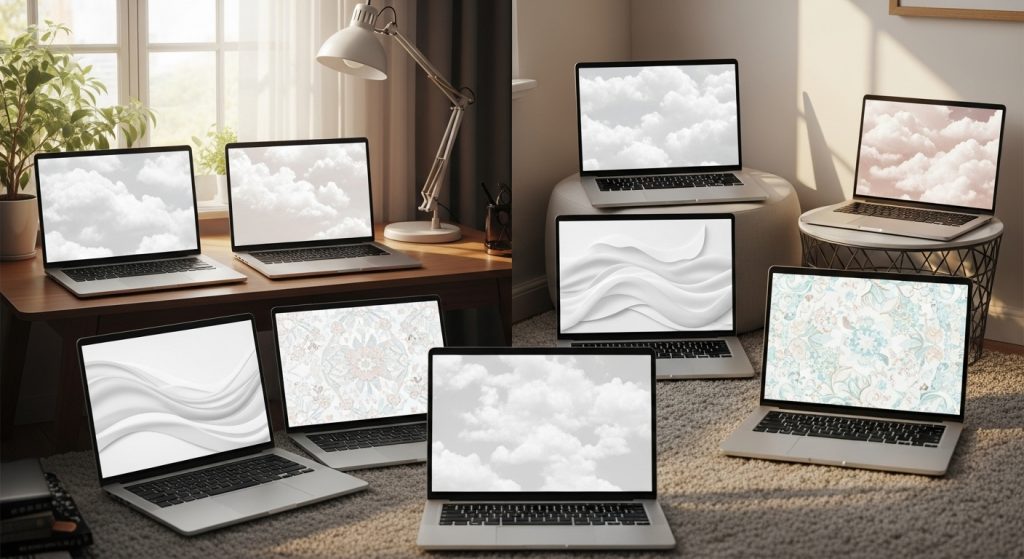Laptop gallery showing various white wallpapers  clouds, gradients, and florals on different screens in cozy lighting.