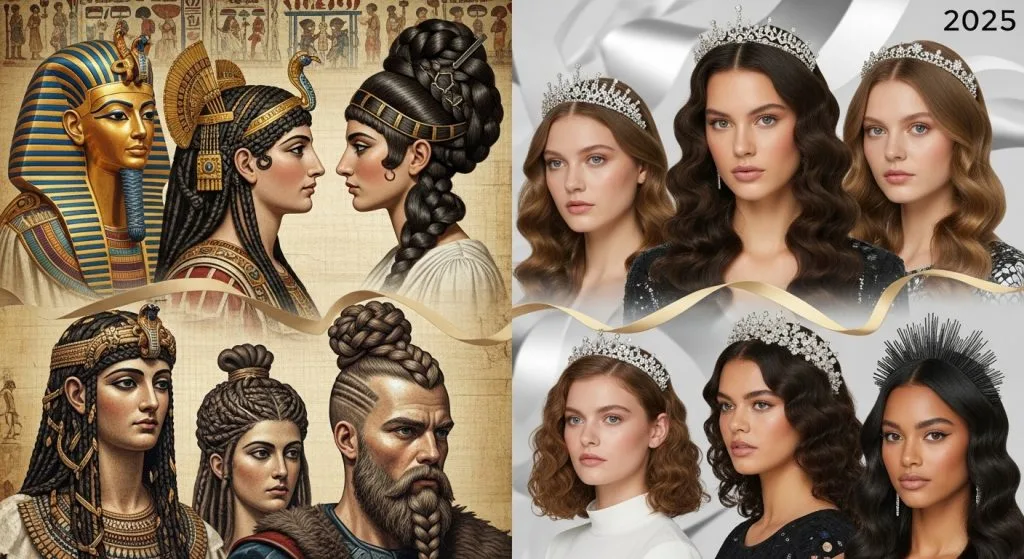 Historical collage of ancient hair styles with 2025 trends, like crowns and modern waves side by side, in a textured, narrative collage that's striking and informative.