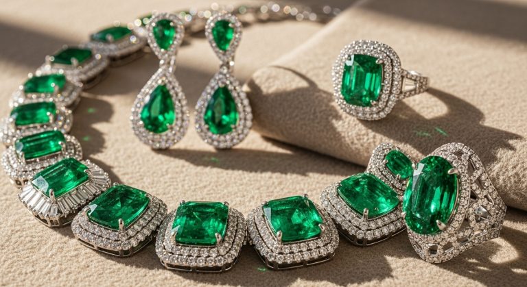 A luxurious close-up of emerald jewelry 2025 collection — showcasing sparkling emerald rings, necklaces, and earrings arranged on soft beige fabric with natural sunlight highlighting their deep green brilliance.