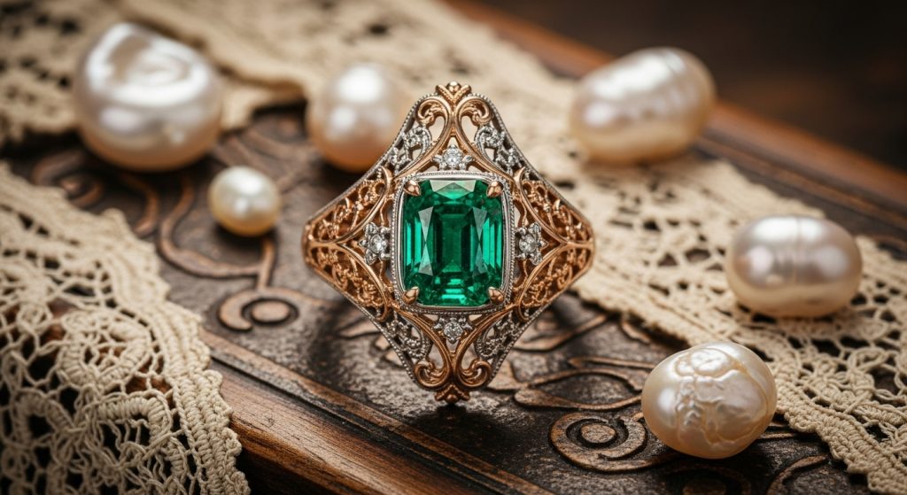 Emerald Jewelry Designs 2025 7 Vintage-style emerald ring on an antique wooden box, with detailed filigree in mixed rose gold and platinum, surrounded by scattered pearls and old lace, in a warm, nostalgic lighting that draws the eye to the gem's timeless allure.