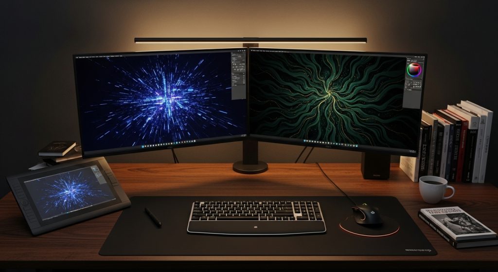 Transform Your Screen with Dark Aesthetic Wallpaper Vibes 8 Image Prompt: A digital artist’s workspace with dual monitors showing custom-designed dark wallpapers.