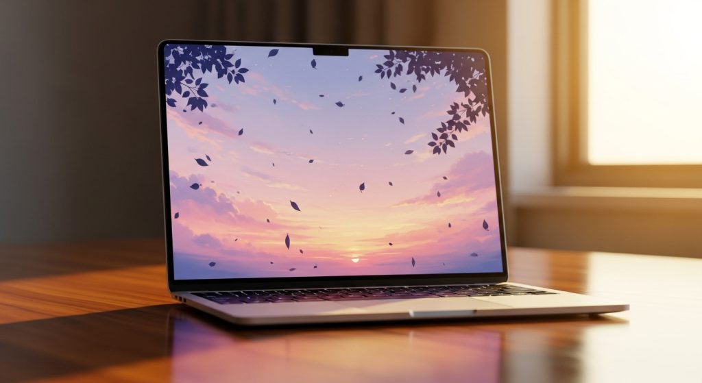 A serene 4K scene of a laptop on a wooden desk, displaying a pastel sunset with floating leaves and golden light.