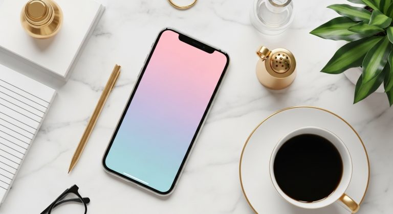 “Stylish iPhone on marble desk showing pastel aesthetic wallpaper — elegant 2025 trend look.”