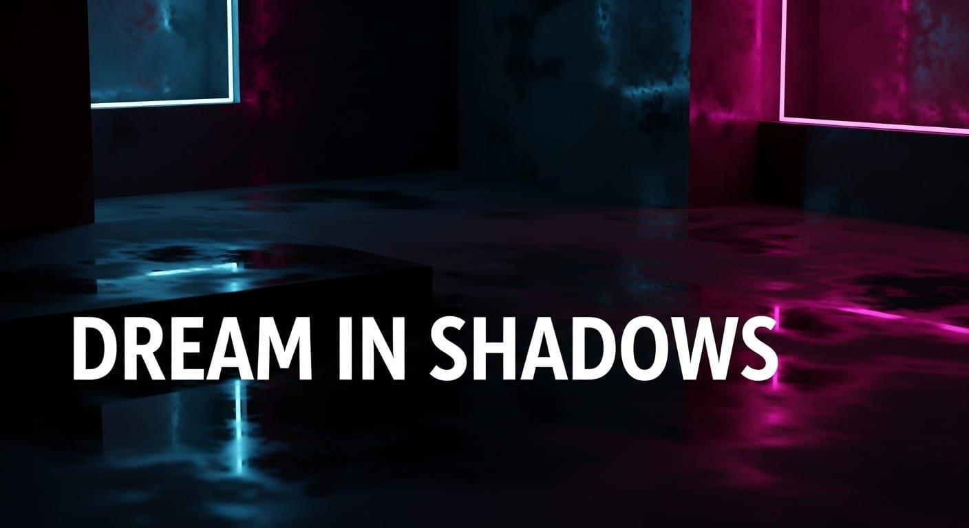 Dark aesthetic wallpaper with moody black and navy tones, soft neon reflections, and bold white text “DREAM IN SHADOWS.”