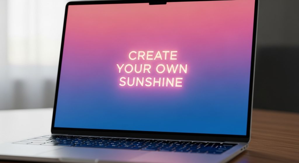 Laptop displaying pink-and-blue gradient wallpaper with glowing motivational text.