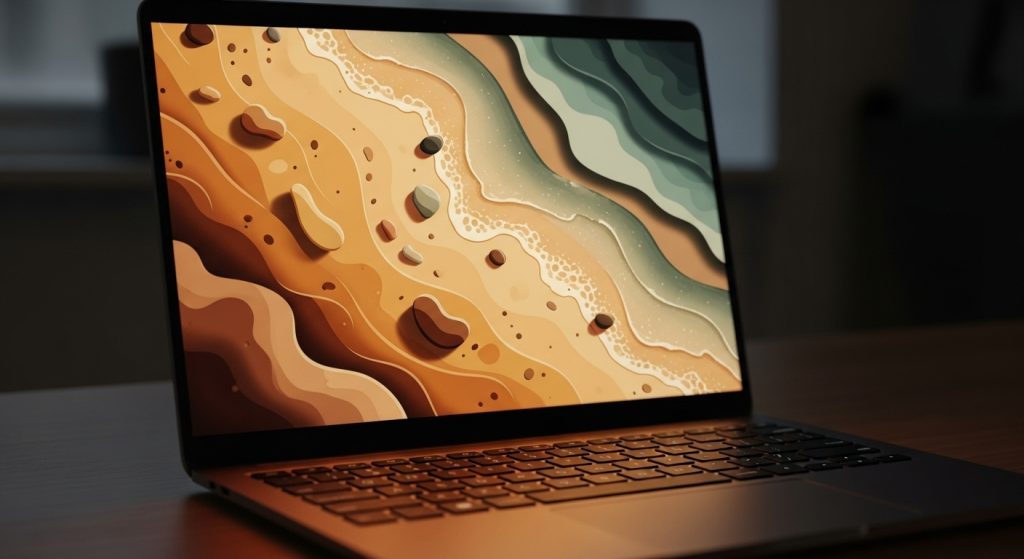 Abstract earth-tone beach shapes forming on a laptop screen, softly glowing in warm light.