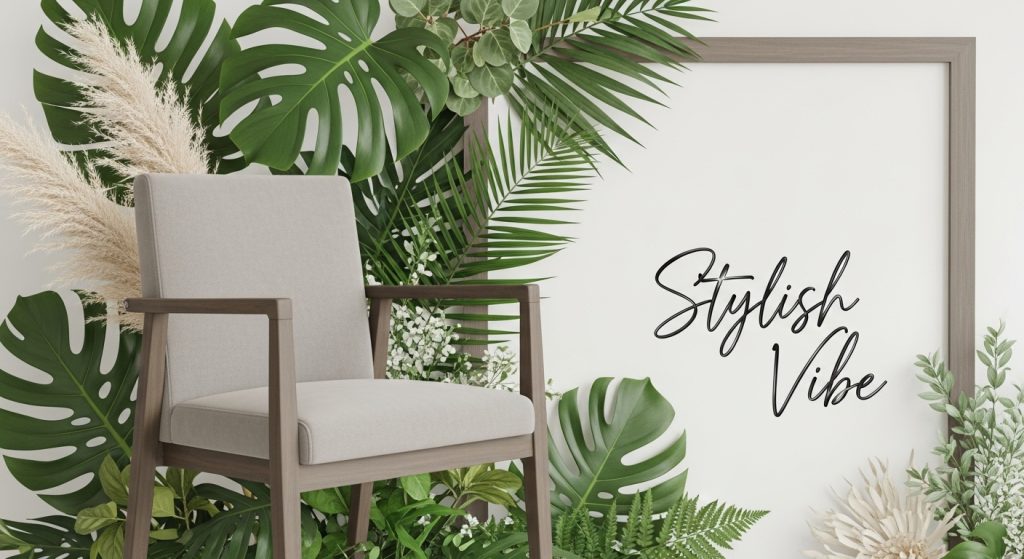 Top Aesthetic iPad Wallpapers for a Minimal & Stylish Look 6 Image Prompt: Craft a personalized digital frame with a neutral chair amid botanicals and custom text "Stylish Vibe" in clean script, eye-catching with textured leaves and soft accents for a tailored, relaxing scene.