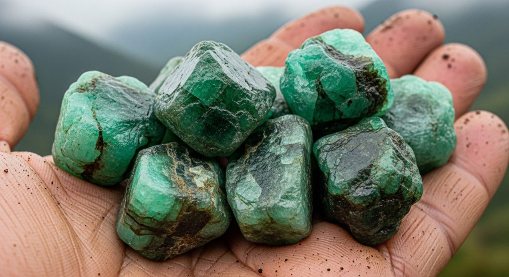Emerald Jewelry Designs 2025 2 Close-up photo of raw Colombian emeralds in a miner’s hand, showcasing vivid green hues glistening under natural light with misty mountains in the background, highlighting the gems’ natural beauty and authenticity