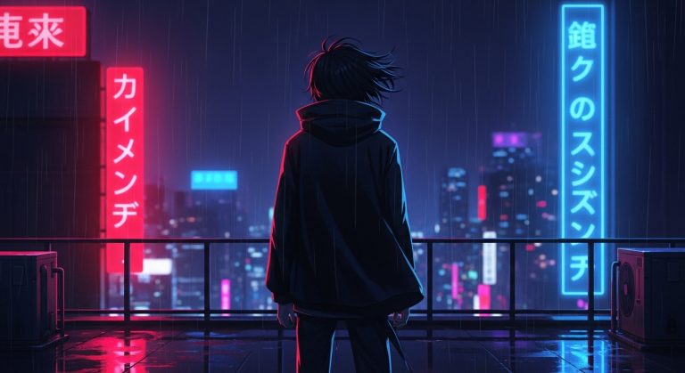 Dark aesthetic anime wallpaper in HD 1080p featuring a mysterious character overlooking a neon-lit city at night, perfect for laptop backgrounds and anime fans who love moody cyberpunk vibes.