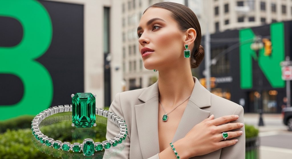 Emerald Jewelry Designs 2025 11 Stylish outfit ensemble featuring emerald jewelry pieces like earrings, bracelet, and ring on a model in neutral attire, posed confidently in an urban street setting, with vibrant green accents standing out, in a fashionable, aspirational vibe.
