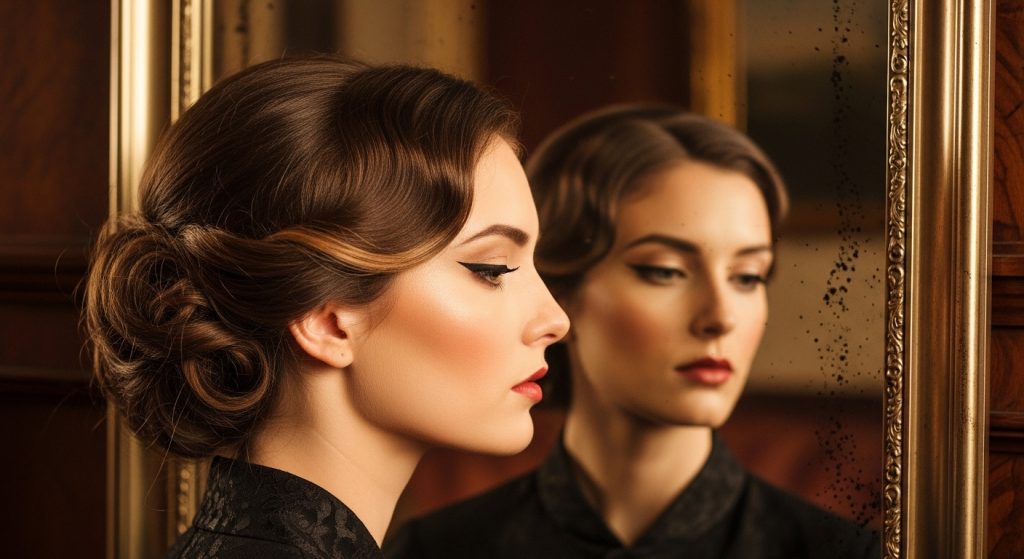 Beautiful Hair Color Ideas for Women 2025 7 Vintage-inspired portrait of a woman with mocha mousse brunette hair, styled in soft updo, with subtle lowlights, set against an antique mirror, in warm lighting that conveys timeless elegance.