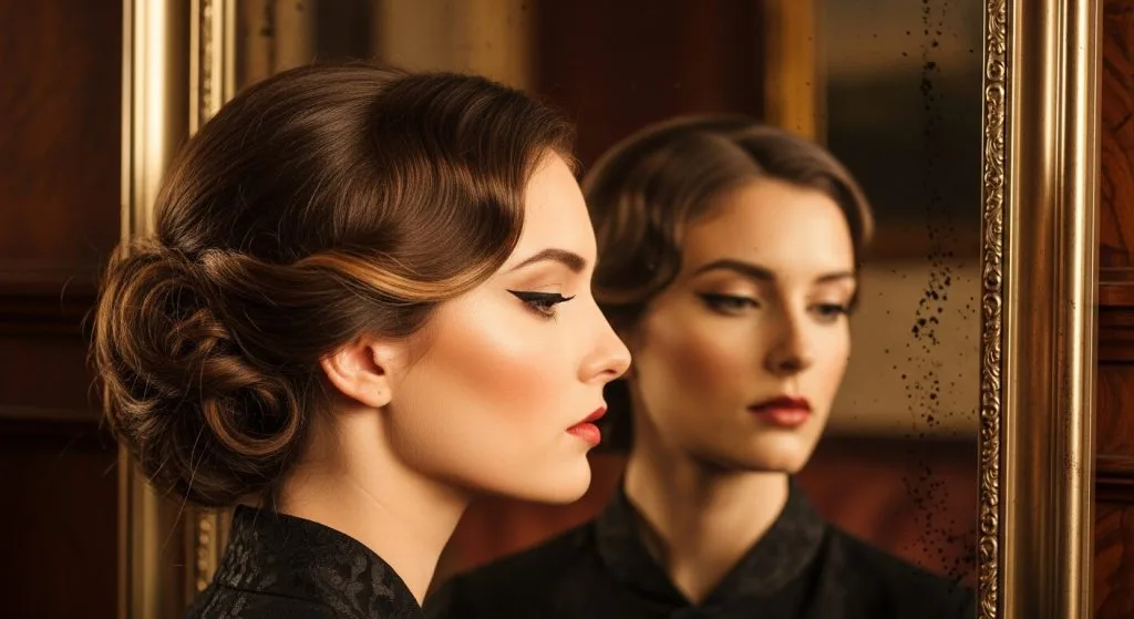 Vintage-inspired portrait of a woman with mocha mousse brunette hair, styled in soft updo, with subtle lowlights, set against an antique mirror, in warm lighting that conveys timeless elegance.