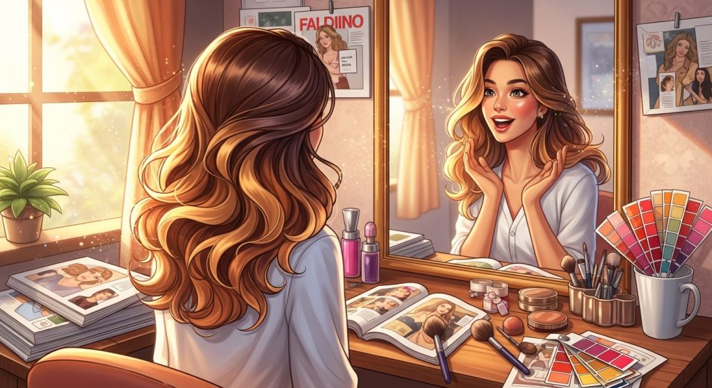 Beautiful Hair Color Ideas for Women 2025 1 A vibrant illustration of a woman gazing at her reflection in a mirror, her hair flowing in soft waves with shimmering highlights in warm tones, surrounded by open magazines and color swatches in a cozy salon setting, capturing excitement and transformation in a dreamy, inviting style.