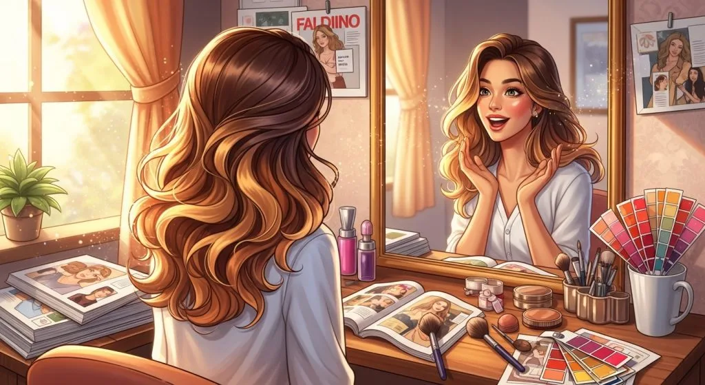  A vibrant illustration of a woman gazing at her reflection in a mirror, her hair flowing in soft waves with shimmering highlights in warm tones, surrounded by open magazines and color swatches in a cozy salon setting, capturing excitement and transformation in a dreamy, inviting style.