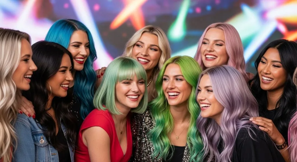 Diverse women with various 2025 hair colors, laughing in a group at an event, with colorful backgrounds, capturing inclusivity and happiness in a lively composition.