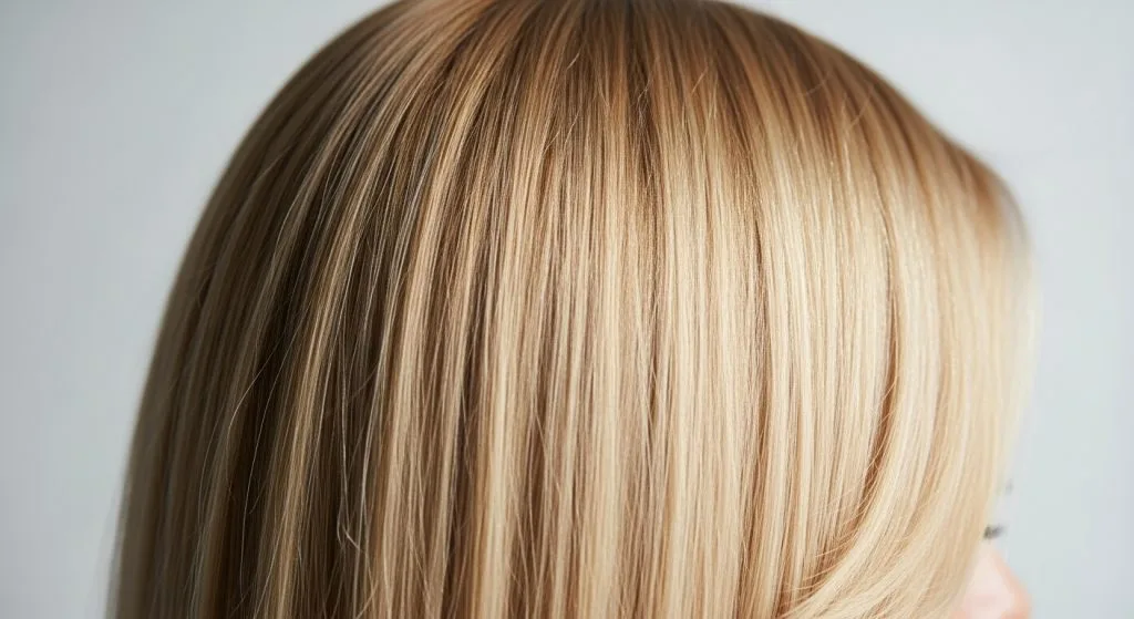 Close-up of buttery blonde hair in sleek strands, with creamy tones catching the light, against a minimalist background, highlighting smoothness and luminosity in a modern, alluring image.