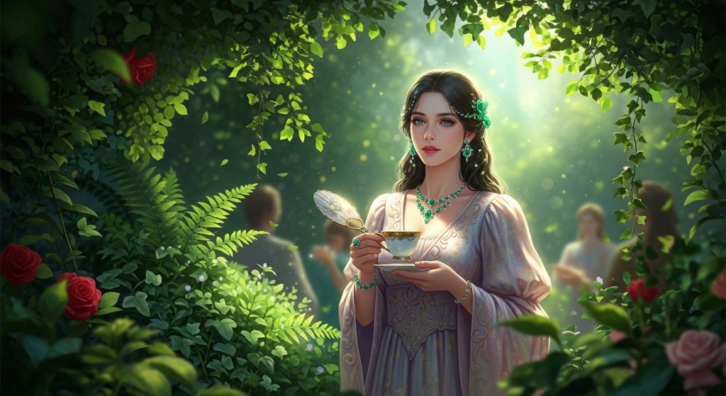 Emerald Jewelry Designs 2025 1 A vibrant digital illustration of a woman at a garden party wearing sparkling emerald earrings and a matching necklace, surrounded by lush green foliage and gentle sunlight filtering through the leaves, creating a dreamy and luxurious atmosphere.