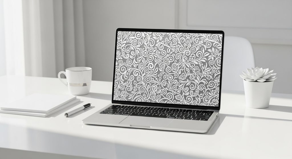 Laptop showing white silver-leaf patterns on a minimalist workspace with white stationery and soft sunlight.