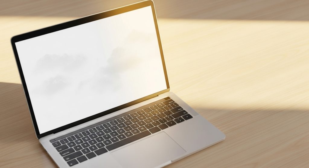 Laptop with minimalist white wallpaper featuring soft cloud patterns, wooden desk, morning sunlight, and golden glow.