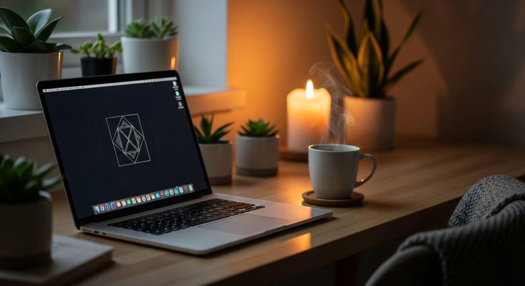 Transform Your Screen with Dark Aesthetic Wallpaper Vibes 2 Image Prompt: A cozy desk setup with a laptop showing a dark minimalist wallpaper, candlelight in the background.