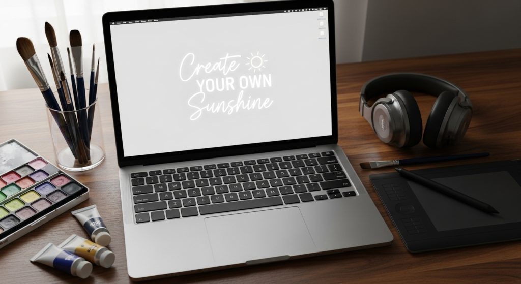 Laptop showing a personalized white wallpaper with a glowing quote, brushes, and editing tools around.