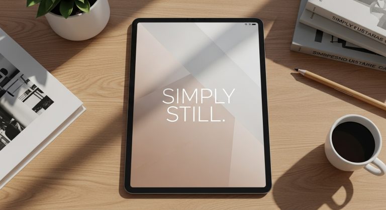 Minimal aesthetic iPad wallpaper with beige and white tones, soft light, and bold text “SIMPLY STILL” on a stylish desk setup.