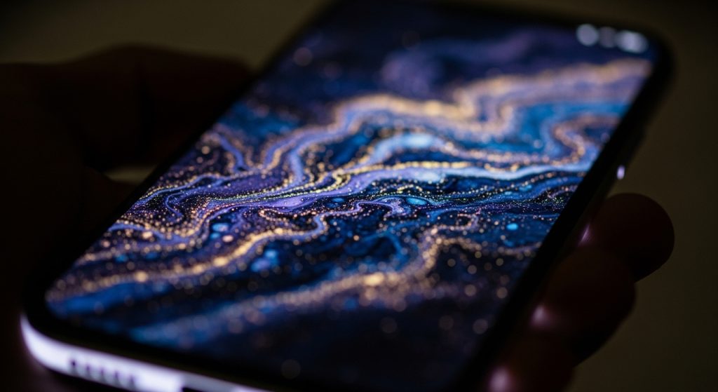 Transform Your Screen with Dark Aesthetic Wallpaper Vibes 10 Image Prompt: A close-up of a smartphone glowing softly with a beautiful abstract dark wallpaper.